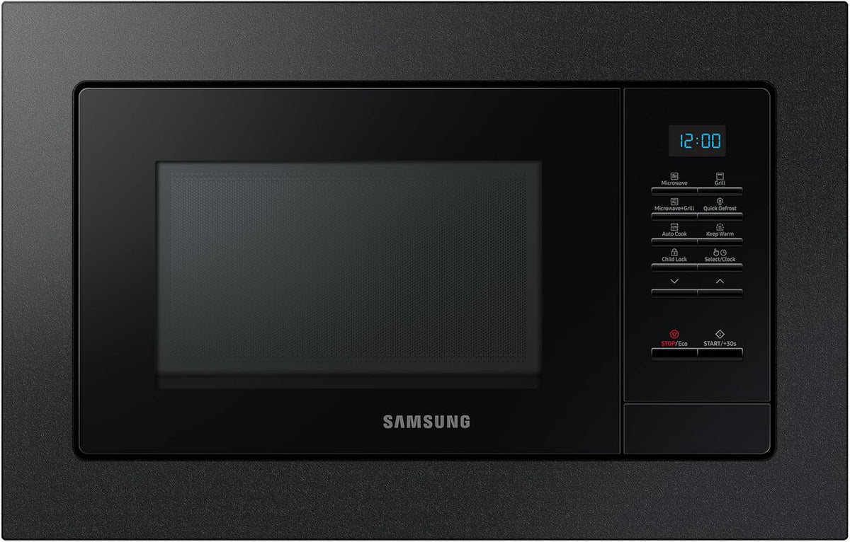 Samsung MG20A7013CB/EG kuchenka mikrofalowa do zabudowy z grillem, 850 W, pojemność 20 l, mała kuchenka mikrofalowa do wnęki 28 cm, z ramą montażową, Crusty Plate, odporne na zarysowania wnętrze