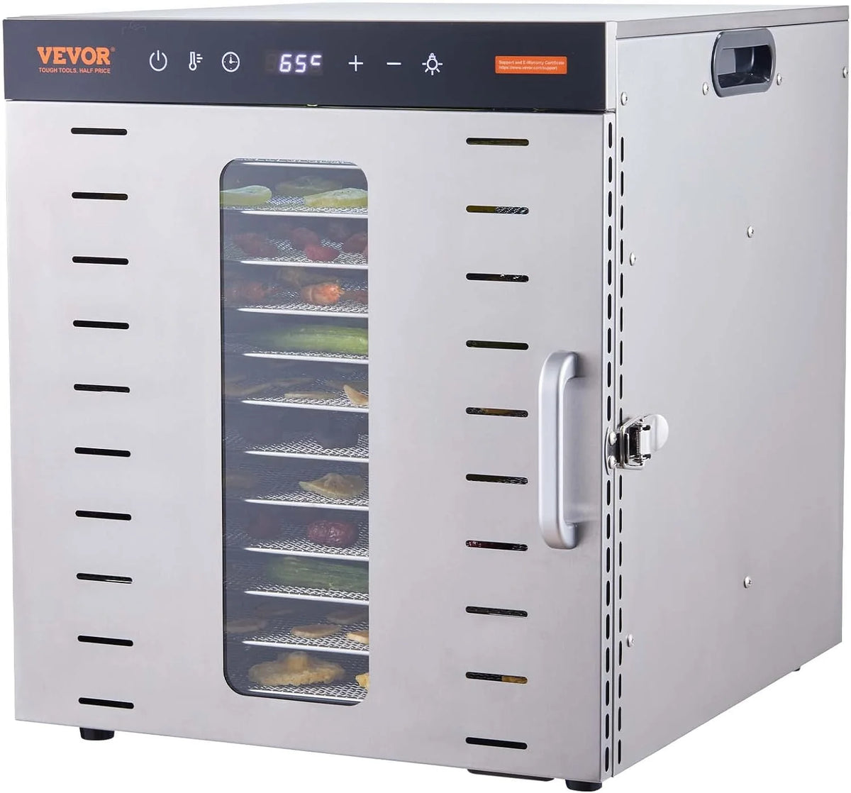 VEVOR Maszyna do odwadniania żywności 10 tacek ze stali nierdzewnej 1000 W Elektryczny odwadniacz owoców i warzyw Regulowana temperatura 30-90 °C Timer 0,5-48 h do ziół, mięsa