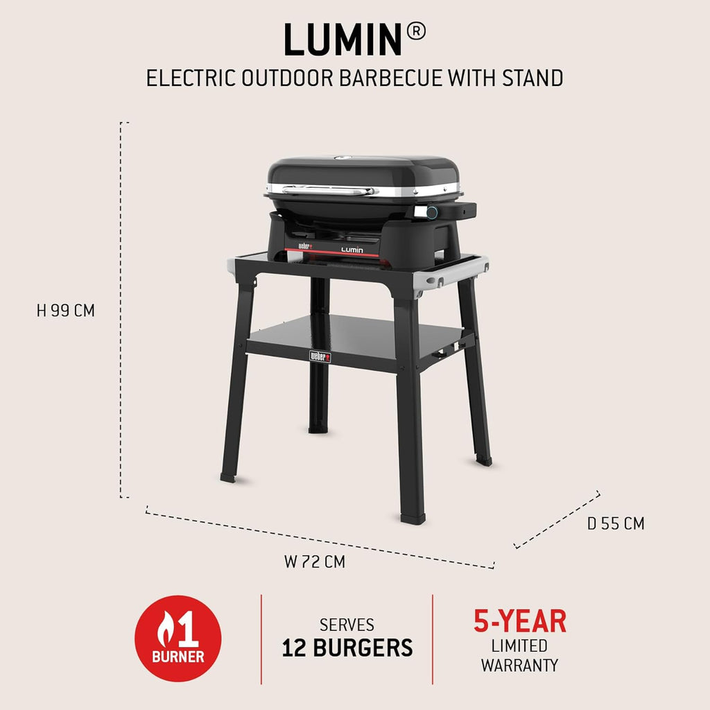 Barbacoa eléctrica Weber Lumin con soporte/Hasta 315 °C, con termómetro en la tapa, rejillas de hierro fundido vitrificado, superficie de cocción de 33 x 49 cm, negro (92010879)