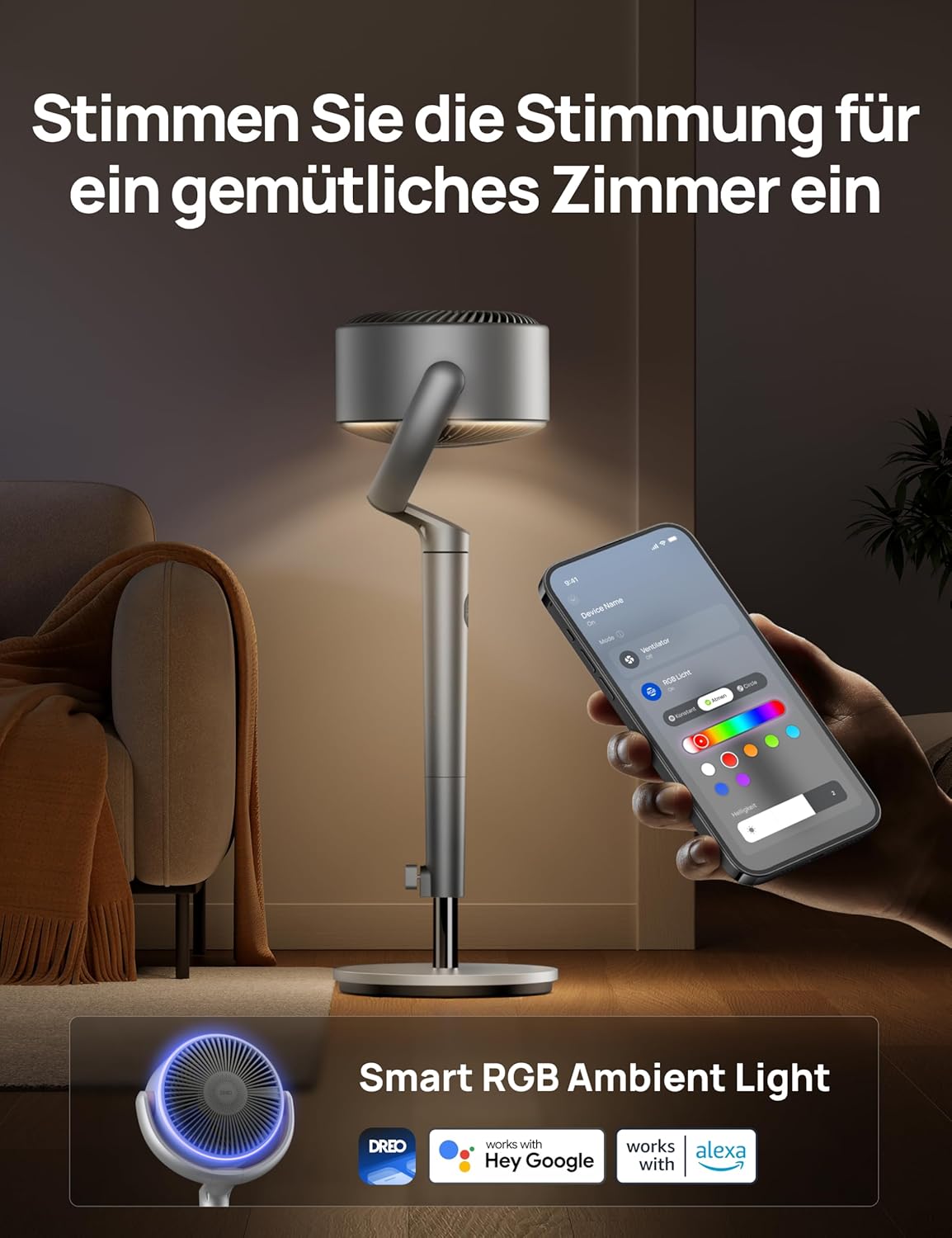 Ventilador de pie inteligente Dreo con luz RGB, oscilación de 120° + 120° con control remoto, ventilador de suelo silencioso de 20 dB para dormitorio, temporizador de 8 horas, plateado
