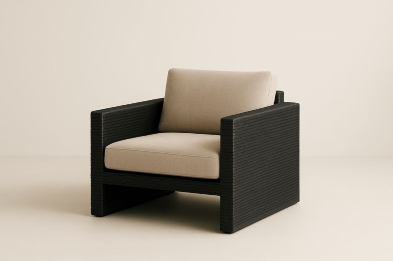 Sillón de exterior de resina trenzada negra con cojines de poliéster beige