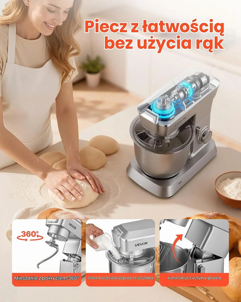 VEVOR Wielofunkcyjny elektryczny robot kuchenny 1300 W z miską ze stali nierdzewnej (4,3 l) i kubkiem do mieszania (1,5 l), mikser do wyrabiania ciasta z 6 prędkościami P i hakiem do ciasta