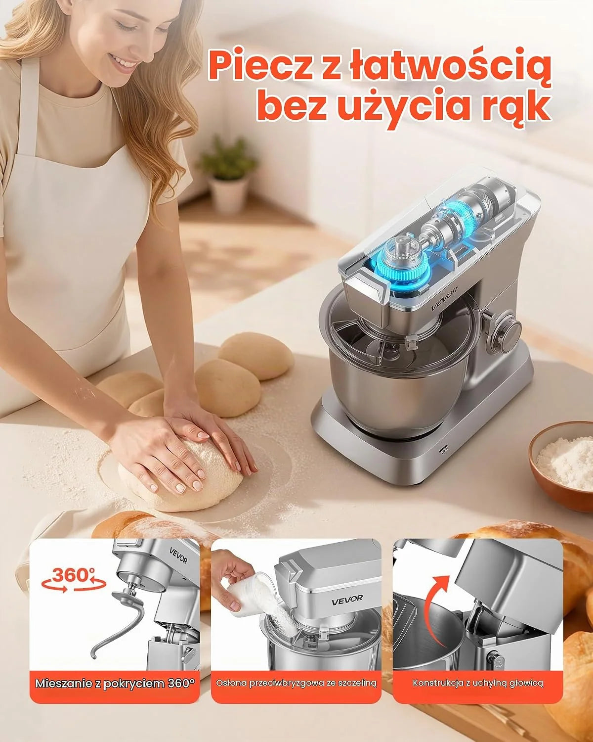 VEVOR Wielofunkcyjny elektryczny robot kuchenny 1300 W z miską ze stali nierdzewnej (4,3 l) i kubkiem do mieszania (1,5 l), mikser do wyrabiania ciasta z 6 prędkościami P i hakiem do ciasta