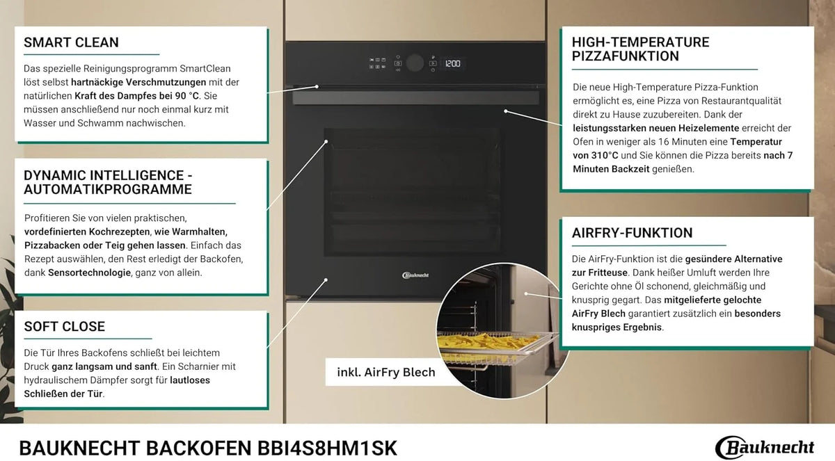 Bauknecht BBI4S8HM1SK piekarnik na gorące powietrze do zabudowy, 60 cm, 73 l/wielopoziomowe gotowanie, funkcja AirFry, moc gorącego powietrza, wysoka temperatura, funkcja pizzy, Dynamic