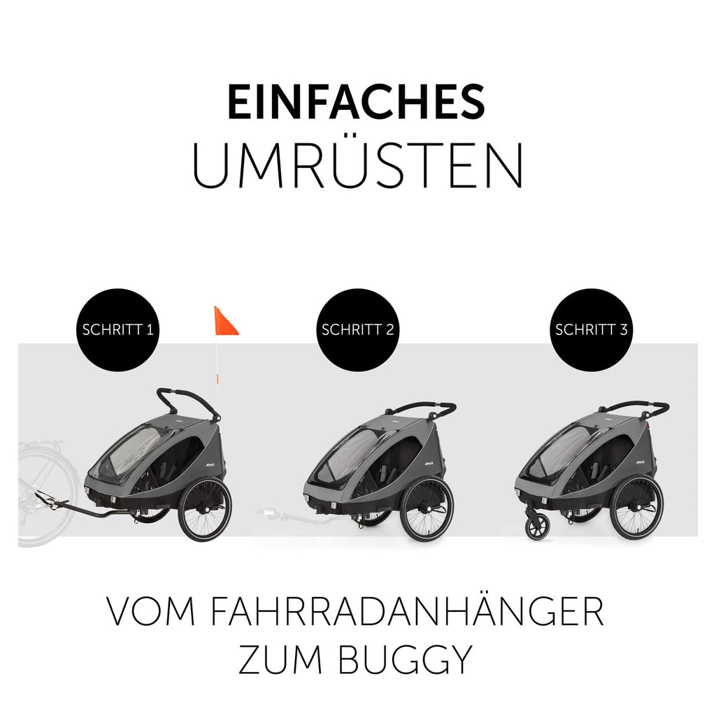 hauck Remolque de bicicleta y cochecito Dryk Duo Plus con suspensión, para 2 niños (6-48 meses), incluye barra de tiro, rueda de cochecito, bandera y luz LED, plegable, altura ajustable, maletero XL (verde oscuro)
