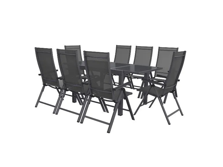 Conjunto de aluminio "Houston", 9 piezas: mesa extensible y 8 sillas de respaldo alto, gris