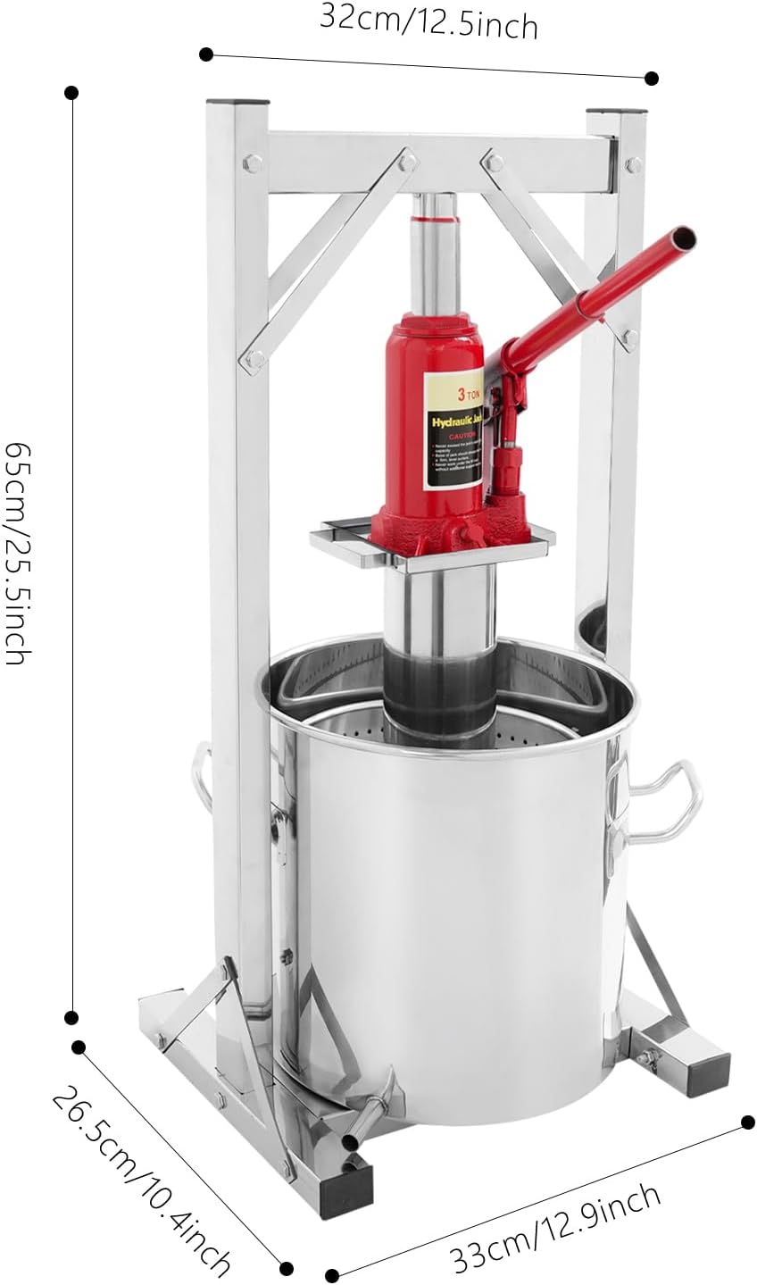 Prensa hidráulica para frutas de 12 L, prensa de acero inoxidable 304 con gato hidráulico de 3 T, exprimidor manual, cubo de filtro interior, prensa para vino, prensa para sidra, ideal para vino, mosto y zumos de frutas