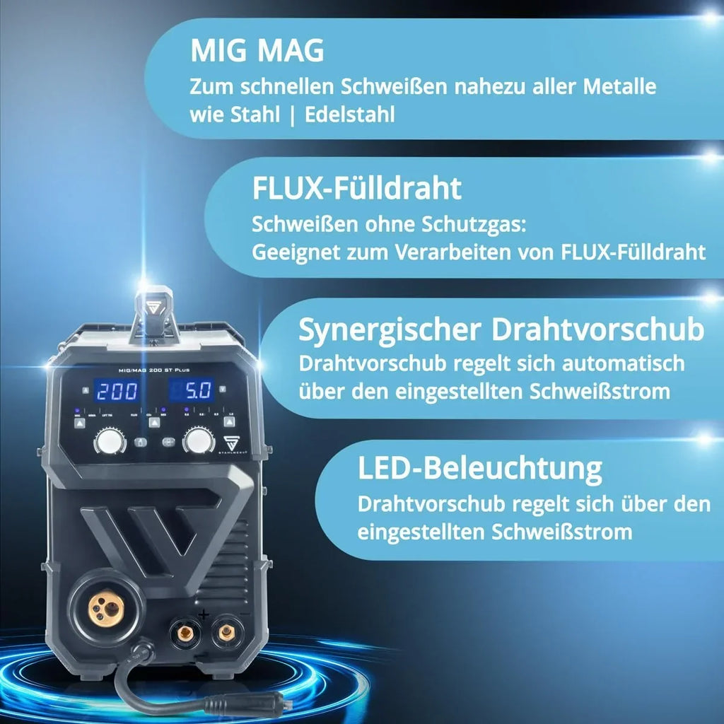 Soldadora MIG/MAG 200 ST con gas de protección, inversor IGBT, 200 A, alimentación de hilo sinérgica, FLUX, Lift TIG, MMA