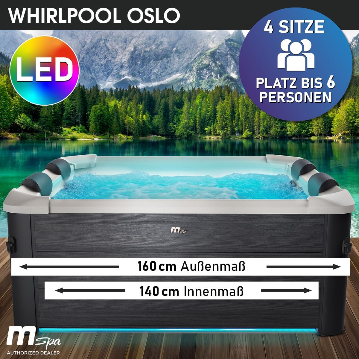 Jacuzzi BRAST MSpa Oslo con pared exterior rígida | Iluminación LED con 20 colores ajustables para 6 personas | 160x160x65cm | 120 boquillas de masaje | Uso durante todo el año, resistente al invierno | Piscina interior y exterior