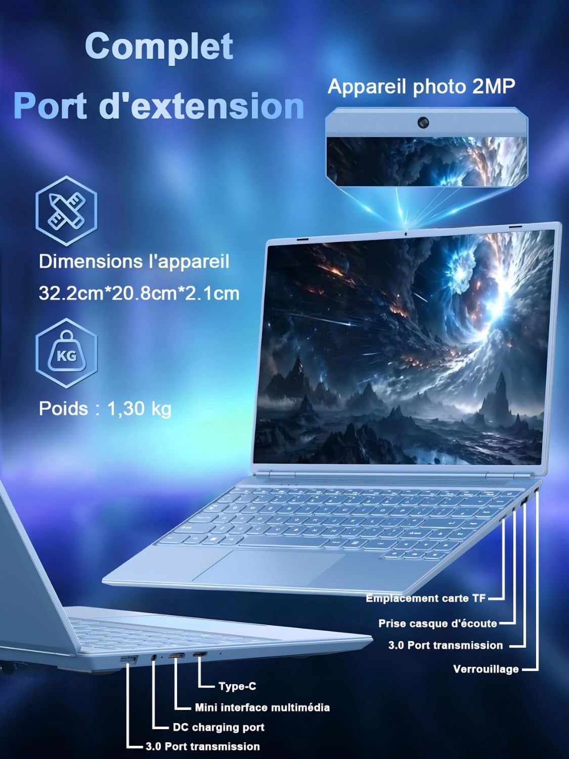 Ordenador portátil de 14'' Celeron N5095 (hasta 2,9 GHz) 8 GB RAM 256 GB SSD con soporte de expansión de 1 TB (TF 512 GB) 1920x1200 Quad Core PC portátil Win11 Laptop 5G WIFI Mini HDMI teclado AZERTY cubierta - Azul