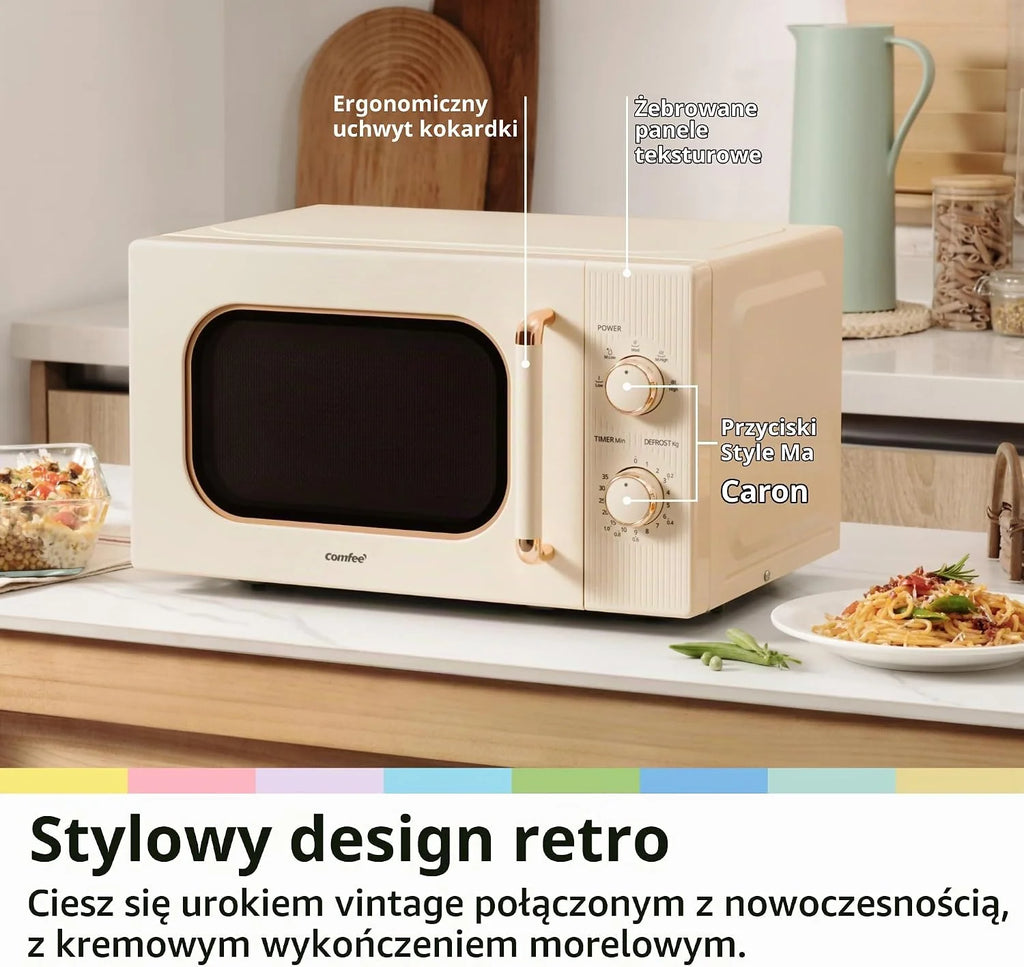 COMFEE ' CMO-M202NC(CM) Elegancka Vintage Retro Kuchenka mikrofalowa z 5 poziomami mocy, 700 W, 20 l, regulowany timer 0-35 min, proste sterowanie, oświetlenie wewnętrzne, krem morelowy