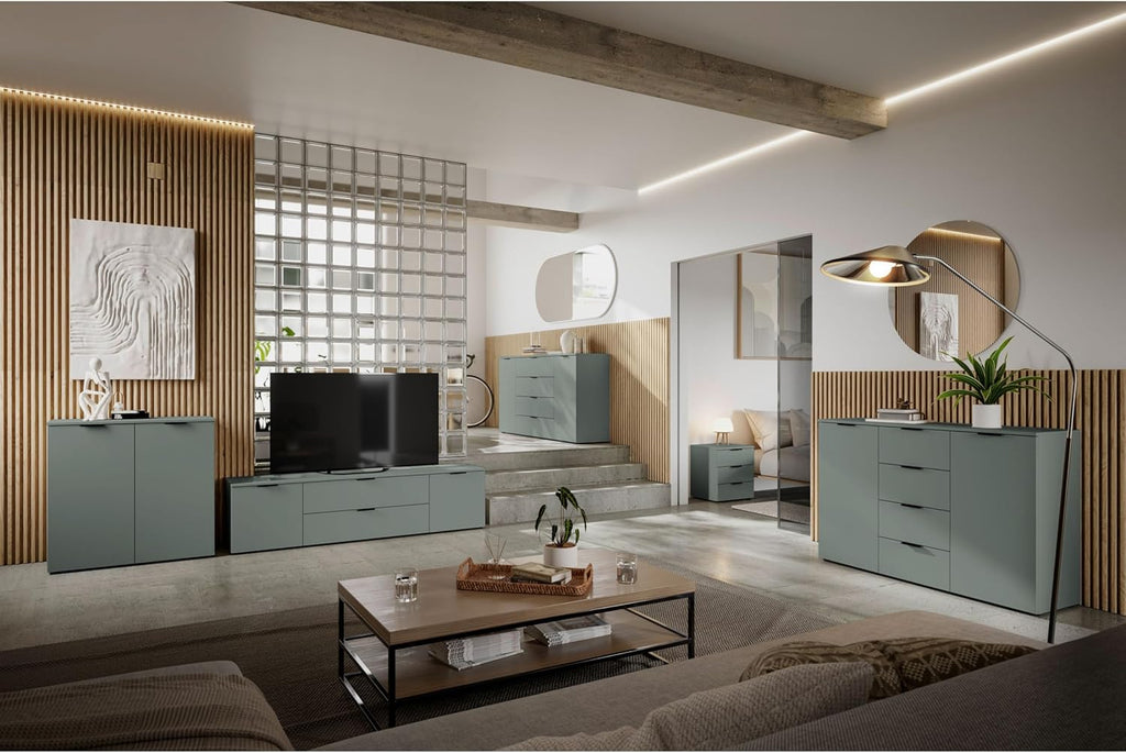 Mueble de TV LINZ en color salvia - Mueble de televisión moderno con cajones y gran espacio de almacenamiento - 180 x 47 x 40 cm (ancho/alto/fondo)