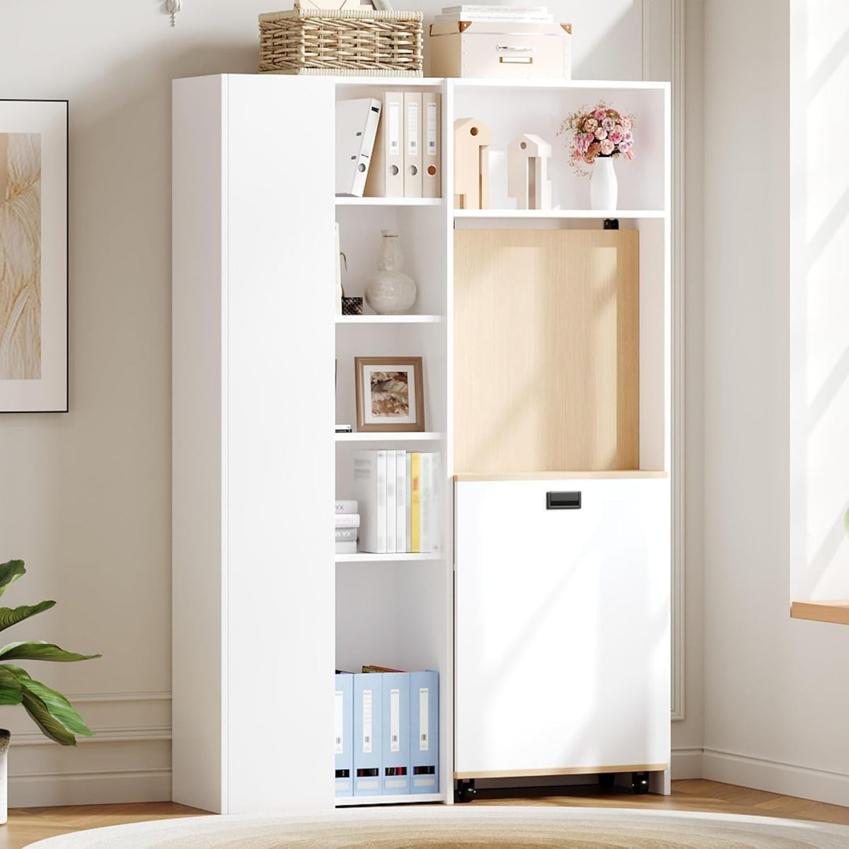 Escritorio plegable 2 en 1 Merax con estantes, toma de corriente y USB, protección antivuelco, escritorio esquinero izquierdo – Oficina en casa, apartamento de estudiantes, ahorro de espacio, funcional, estantería y puesto de trabajo, blanco