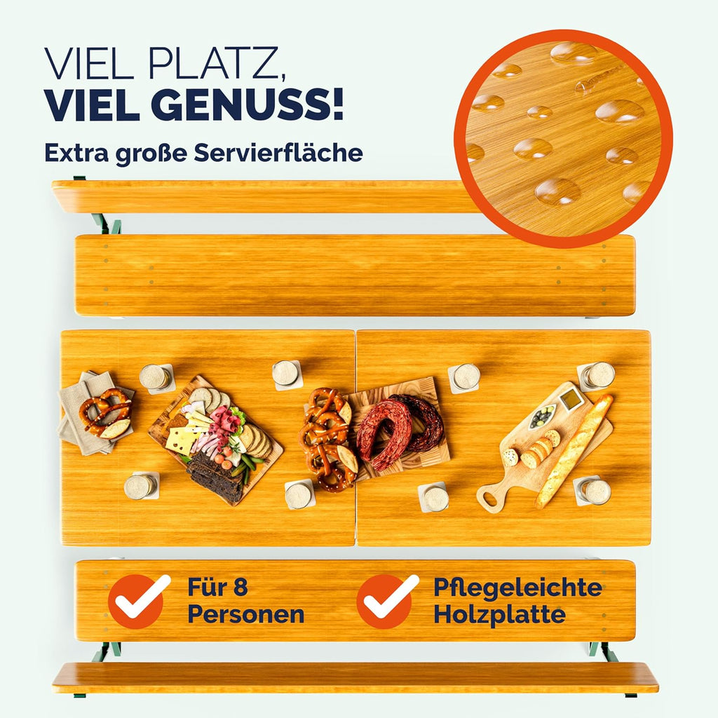 Casaria® Juego de mesa y bancos de cerveza con respaldo 170 cm, plegable y estable, 2 bancos, 1 mesa ancha, madera, mobiliario de jardín, mobiliario para eventos