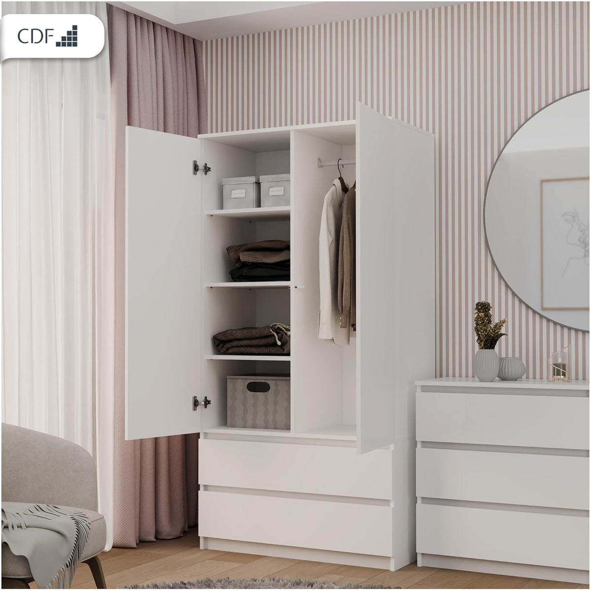 Armario ropero CDF blanco, 90 cm de ancho, para dormitorio infantil o dormitorio, 2 cajones, 2 puertas, armario de dos puertas, estilo moderno, incluye todo lo necesario para el montaje, armario para ropa y juguetes.
