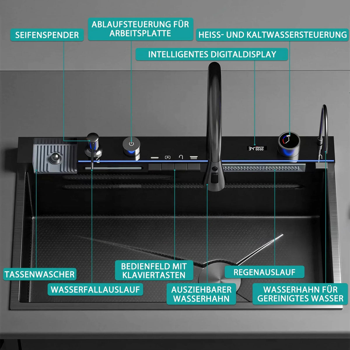 Fregadero de cocina de acero inoxidable 80 x 45 x 22 cm, cubeta individual con indicador de temperatura LED, grifo tipo cascada extraíble y kit de desagüe