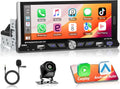 Autoradio Android 15 Motorsi con Apple CarPlay, pantalla táctil IPS de 6.9 pulgadas 1280P, 1 DIN, 4 núcleos, 2+64 GB, Bluetooth, GPS, DSP, Android Auto, WiFi, radio FM/RDS, cámara de reversa AHD y micrófono.