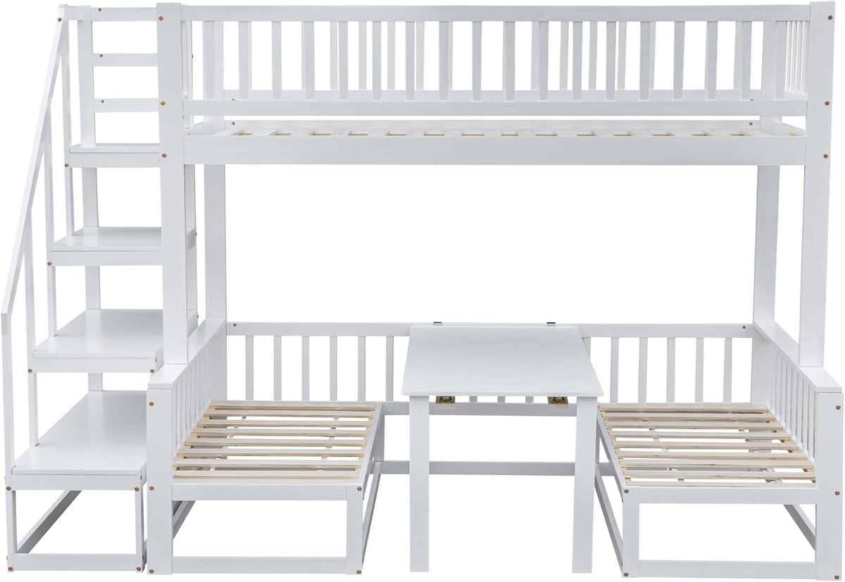 Litera infantil que ahorra espacio, cama alta con escritorio flexible y sofá de madera, cama para niños con escalera y protección anticaídas, 90x200cm + 120x200cm, cama funcional tipo litera, cama alta juvenil, blanco