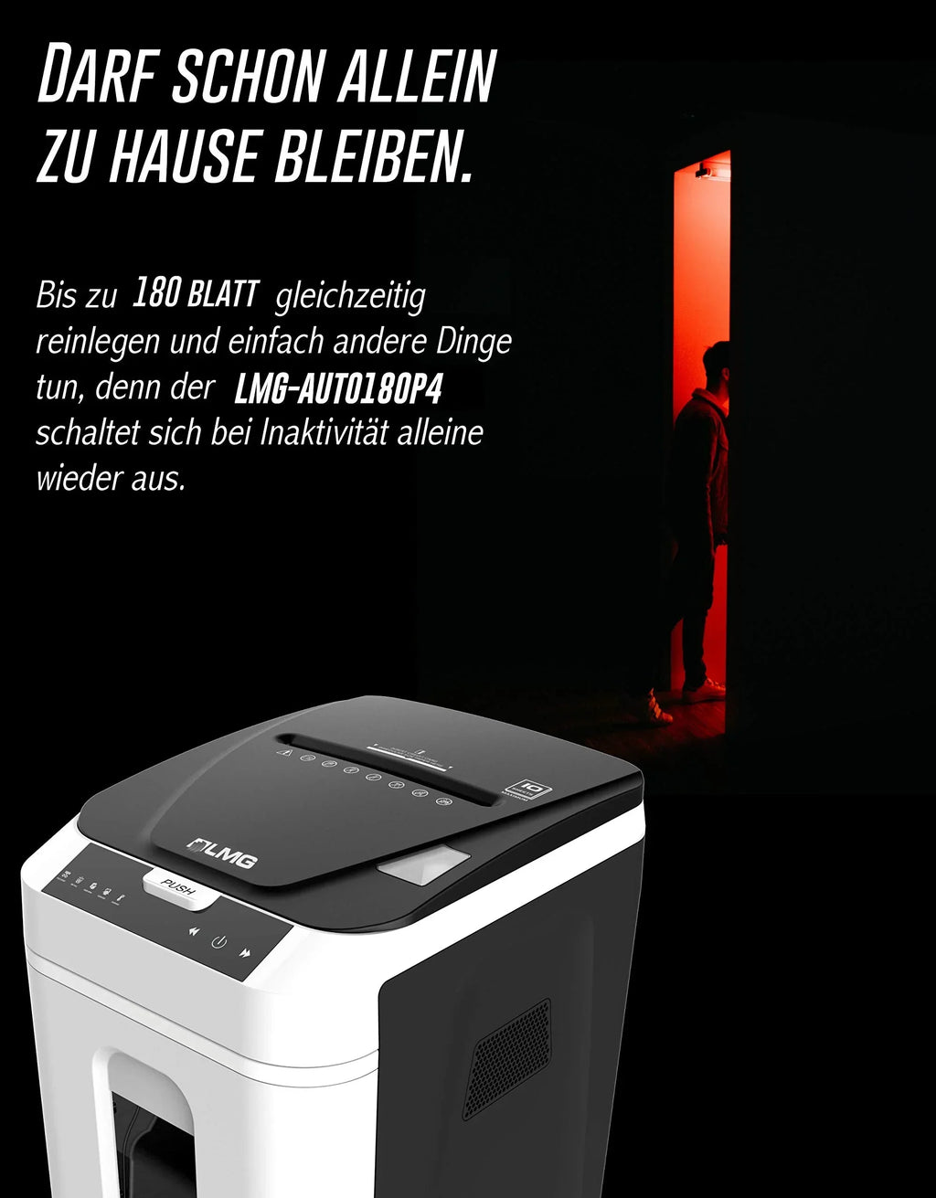 Destructora de documentos LMG Alemania con alimentación automática P4, 180 hojas, corte cruzado, apagado automático, 58 dB, 32 litros, pantalla táctil, compatible con RGPD