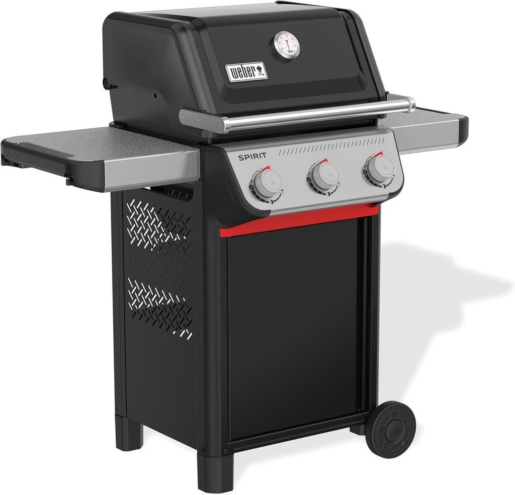 Barbacoa de gas Weber Spirit E-310 / 3 quemadores, encendido Snap-Jet, ruedas resistentes y rejilla de calentamiento, superficie de cocción de 51 x 46 cm, compatible con las mesas laterales Weber Works, negro/plateado