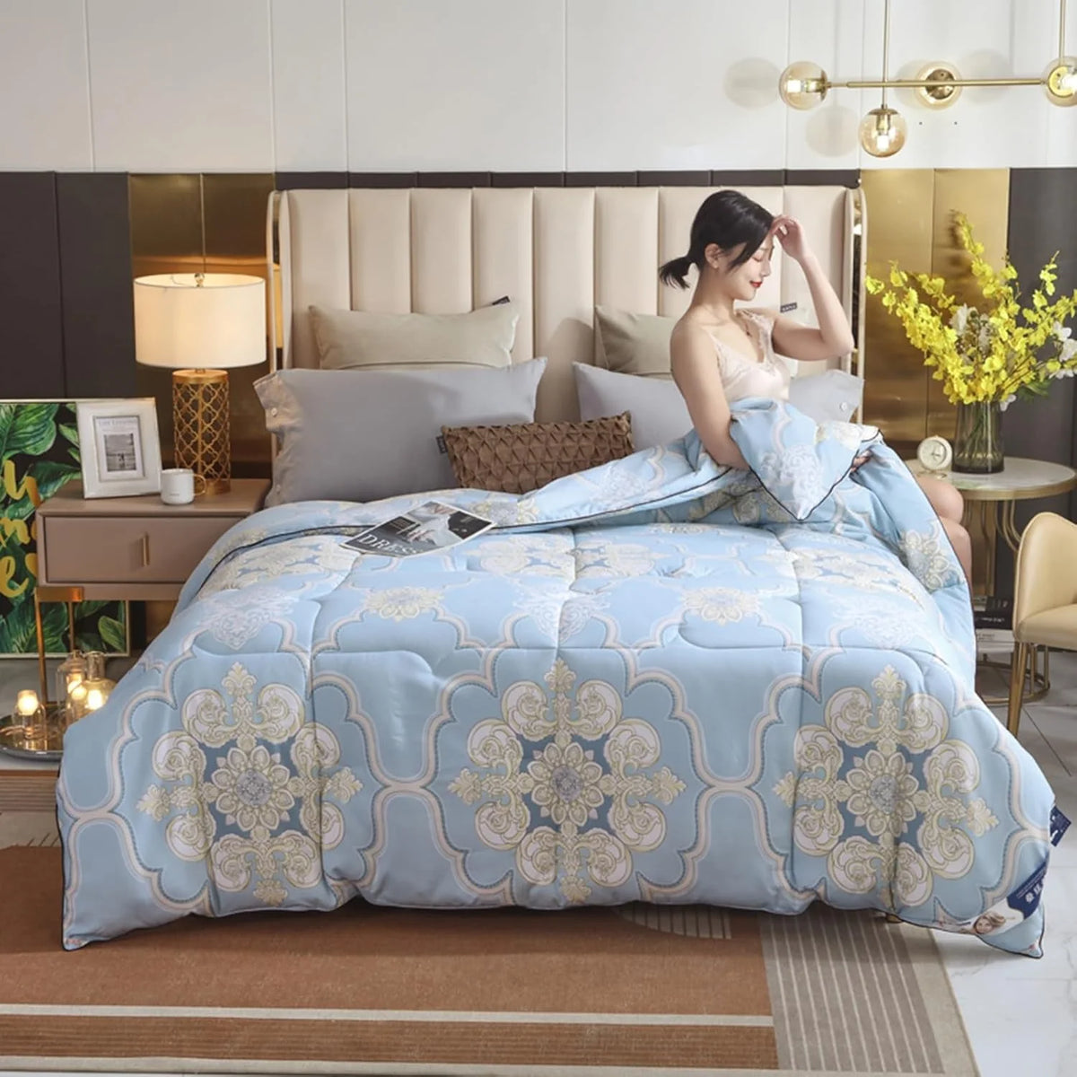 Jedwabna kołdra, pełny rozmiar, całoroczna 100% jedwab z morwy, kołdra, kołdra, wygodna, oddychająca, 100% czysta bawełna, można prać w pralce (B, 200 x 230 cm, 2 kg)