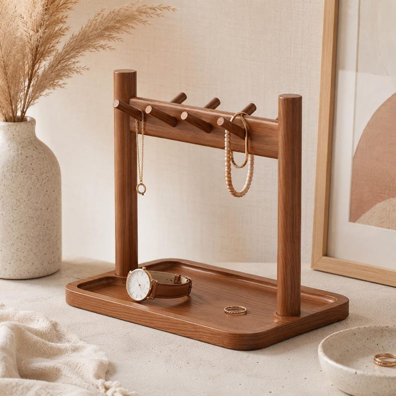 Expositor de joyas de madera, soporte para pulseras, soporte para collares con bandeja para anillos, minimalista, 22 x 15 x 20 cm