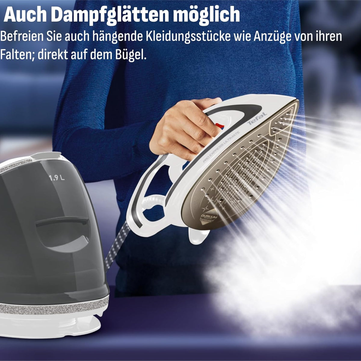 Centro de planchado Tefal Pro Express Ultimate, 7,7 bares, 155 g/min de vapor continuo, 500 g/min de golpe de vapor, 2600 vatios, colector de cal, plancha con centro de vapor, blanco/gris, GV9567