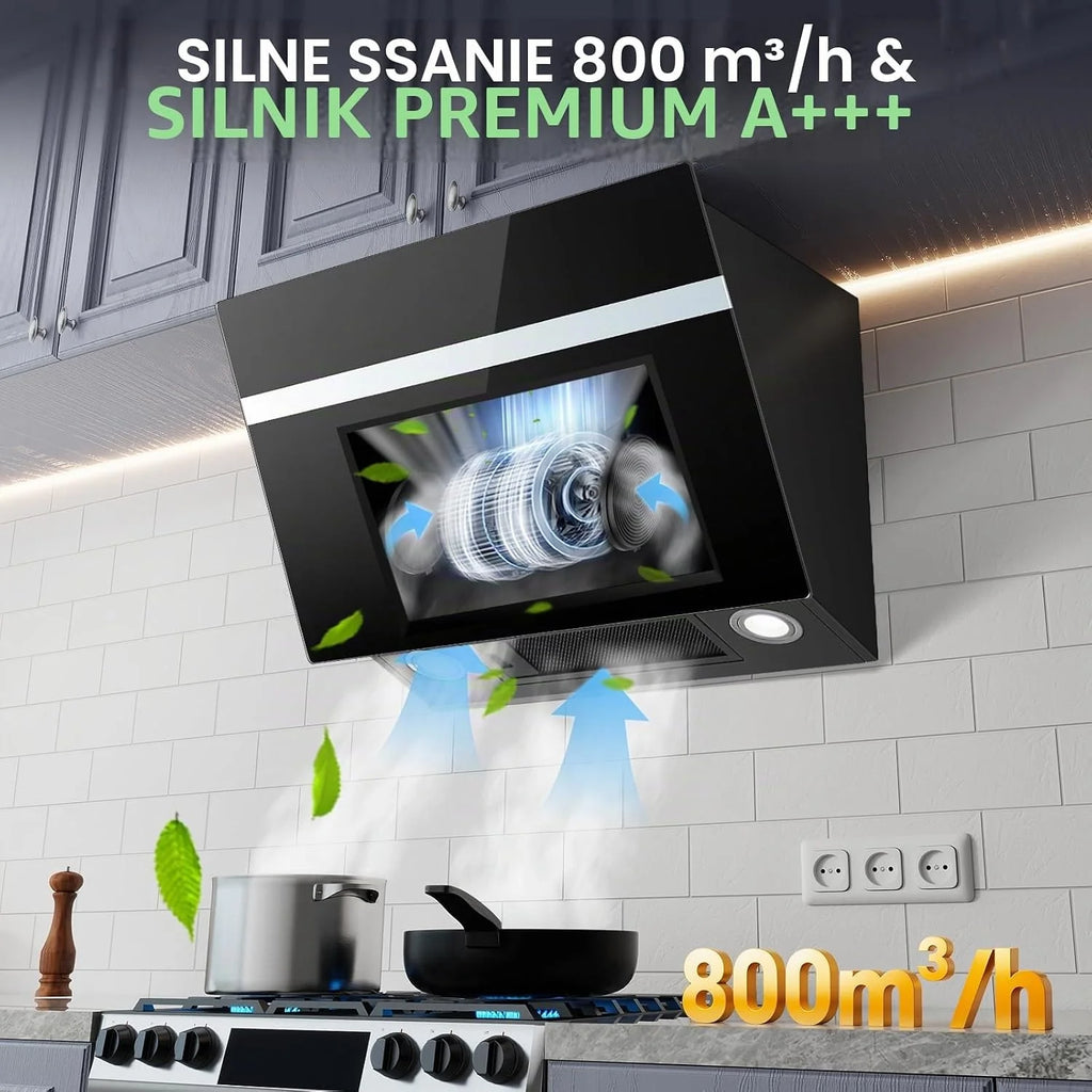 TopStrong Okap kuchenny 60 cm, 800 m³/h, obieg powietrza wylotowego z filtrem z węglem aktywnym, A+++, cichy okap z oświetleniem LED, okapy ścienne, 3 stopnie + ekran dotykowy Booster, silnik