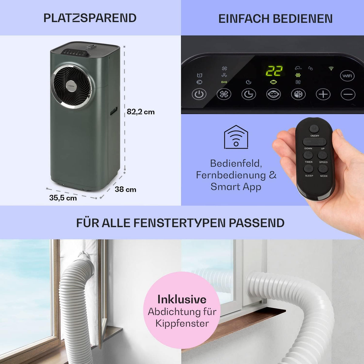 Acondicionador de aire portátil Klarstein con manguera de escape, unidad de climatización 5 en 1, ventilador, deshumidificador, purificador de aire y modo nocturno, control por aplicación, pequeño y portátil, para hogar y oficina, 12000 BTU