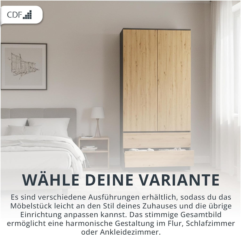 Armario infantil CDF de 90 cm de ancho, armario de dos puertas con 2 cajones, 3 estantes y una barra para colgar ropa, dormitorio, panel laminado de 16 mm, armario multiusos, roble artisan / antracita