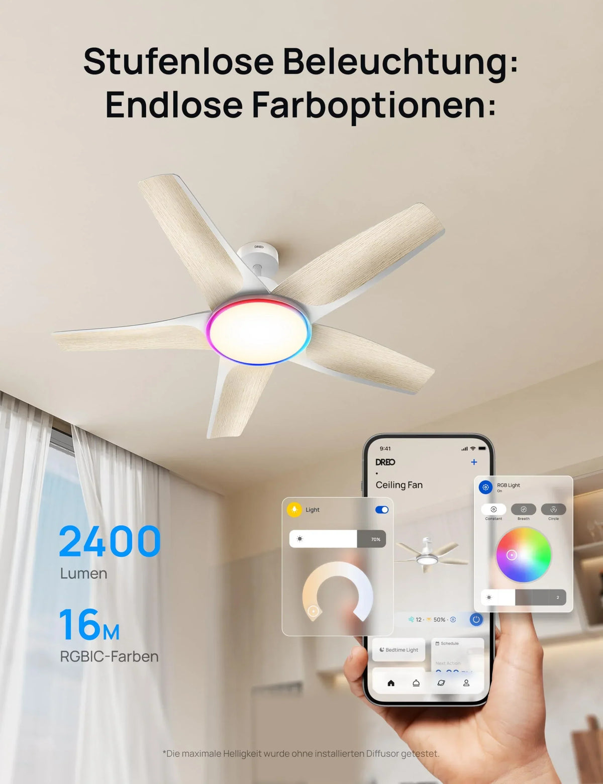 Ventilador de techo con luz LED de 132 cm, regulable, luz ambiental RGB, motor CC de 54 W, control por aplicación y Alexa