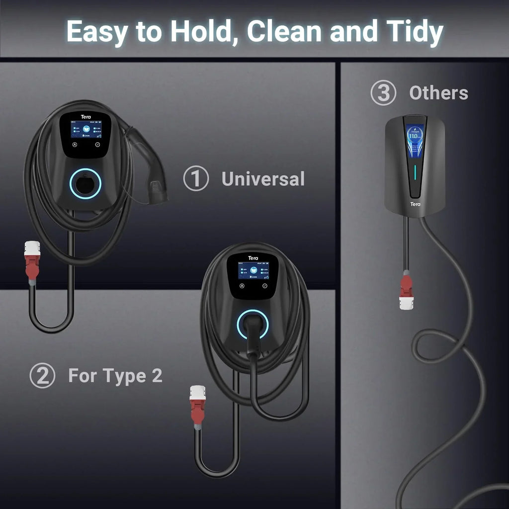 Tera EV Wallbox Tipo 2 11kW 16A 400V Enchufe CEE trifásico App Wi-Fi Bluetooth Cable de carga de 7m Soporte de pared CE TÜV PHEV W01