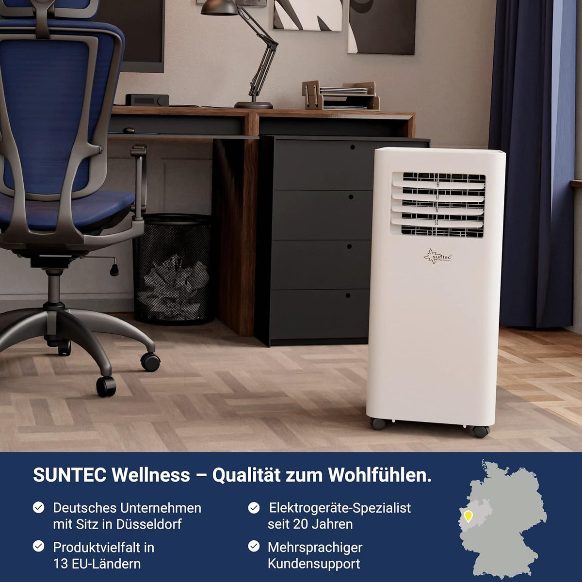 SUNTEC Aire acondicionado portátil Impuls 2.6 Eco R290 – Aire acondicionado móvil y silencioso con tubo de escape – Enfriador y deshumidificador para habitaciones de hasta 34 m² – Refrigeración móvil para hogar y oficina – 9.000 BTU | 2600 vatios