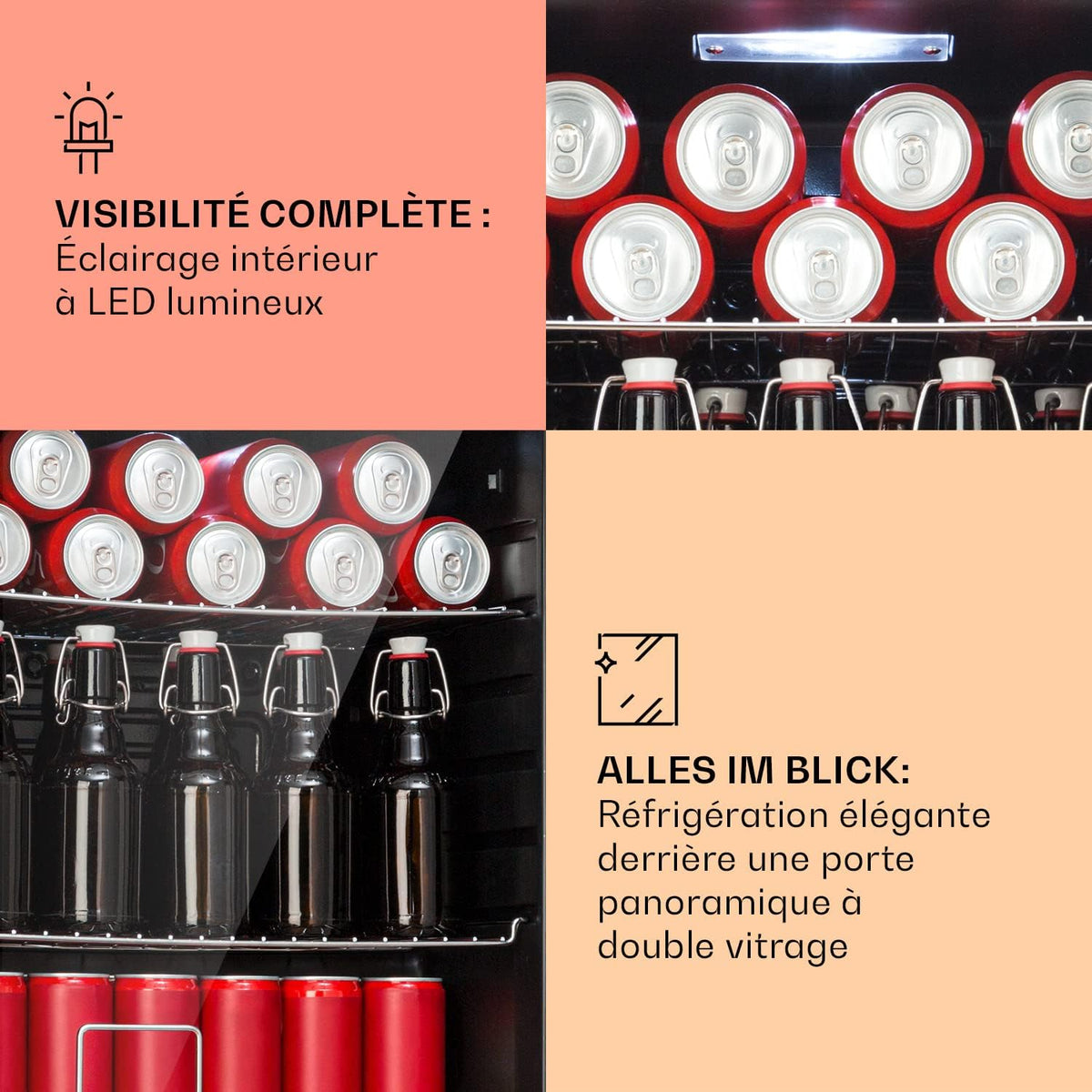 Mininevera KLARSTEIN de 60 L para bebidas y cerveza, frigorífico pequeño y silencioso, minibar interior/exterior, nevera pequeña para camping, almacenamiento de vinos, cosméticos, estantes ajustables, 3-10 °C