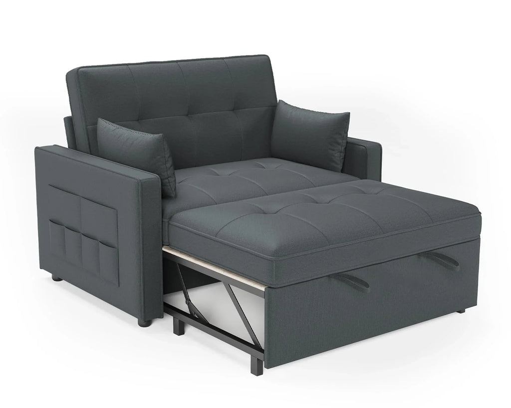 Sofá cama 3 en 1 LUXOAK 186 x 122 cm, gris, respaldo ajustable, acolchado cómodo de 12 cm, estructura de madera maciza y metal