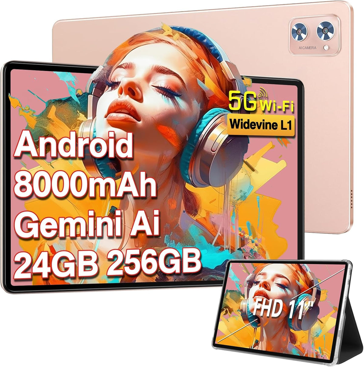 Tableta Android de 11 pulgadas, 24 GB de RAM, 256 GB de ROM (ampliable a 2 TB), Octa-Core, WiFi 5G+2.4G, Widevine L1, 13 MP+5 MP, Bluetooth 5.0, tableta táctil de 8000 mAh con funda - Dorado