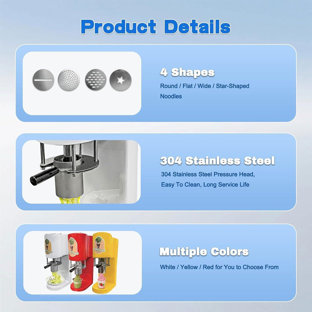 Máquina comercial de helado tipo espagueti, 28–30 l/h, máquina profesional de fideos de helado con 4 moldes diferentes, para catering y heladerías (rojo)