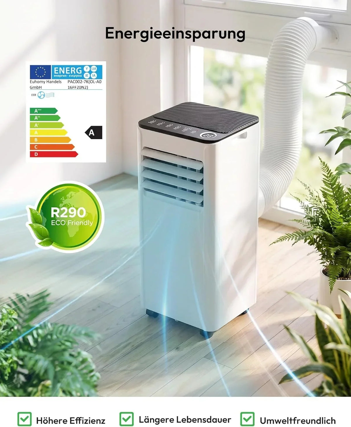 Aire acondicionado portátil 7000 BTU OL-A016FF20N2 con manguera de escape, kit de ventana, 4 en 1 y temporizador de 24 h