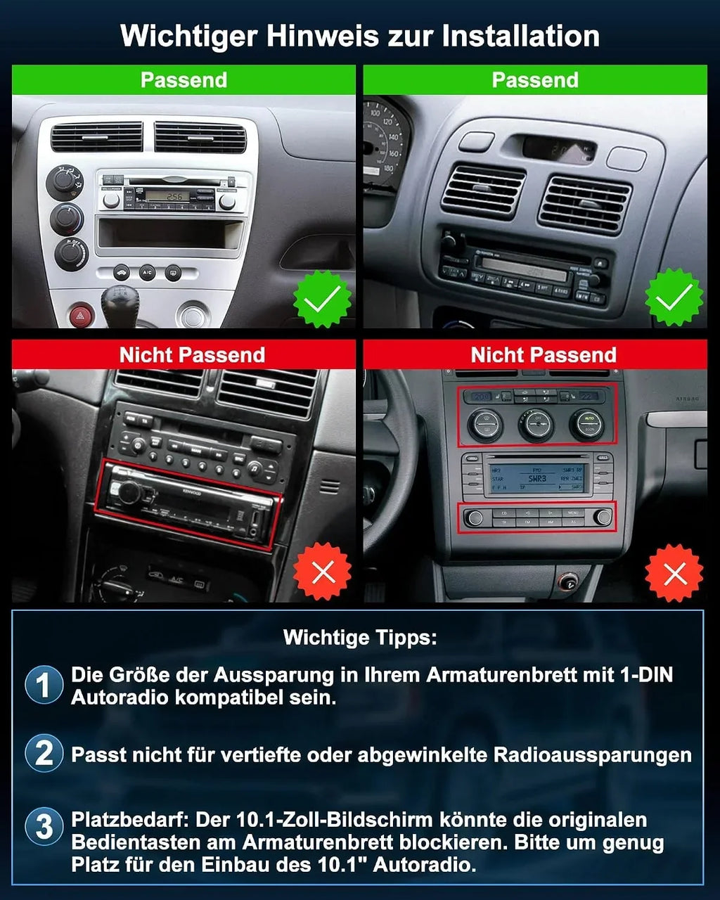 Autorradio 1 DIN con pantalla táctil de 10,1 pulgadas Android 14 2GB 64GB Bluetooth CarPlay Android Auto Navegación Cámara de visión trasera