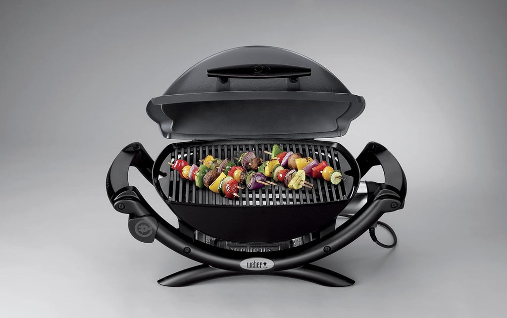 Barbacoa eléctrica Weber Q1400, superficie de cocción de 43 x 32 cm, barbacoa portátil, rejilla de cocción de hierro fundido vitrificado dividida en 2, tapa y cuerpo de aluminio fundido - Gris oscuro (52020079)