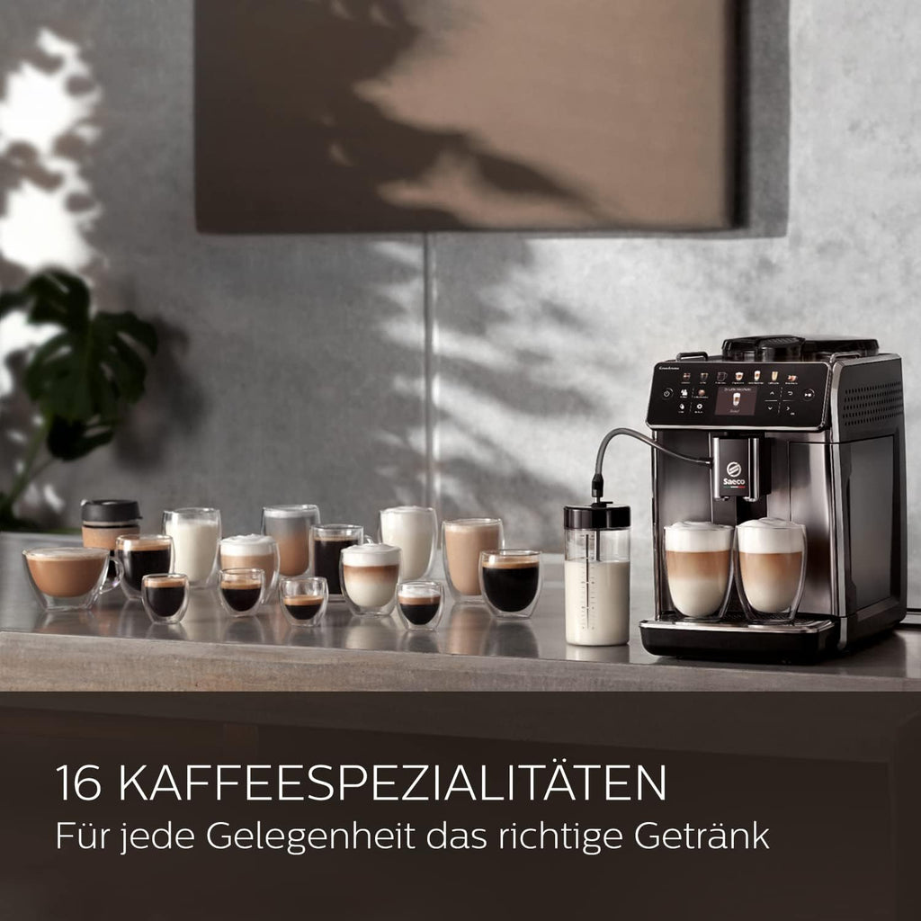 Cafetera superautomática Saeco GranAroma con 16 variedades de café, pantalla a color intuitiva, 4 perfiles de usuario, molinillo de cerámica, acero inoxidable negro (SM6585/00)