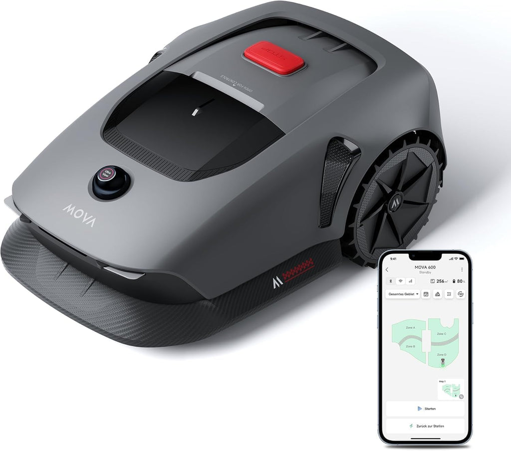 Robot cortacésped inalámbrico MOVA 600, cartografía LiDAR 3D de 360° hasta 600 m², evitación inteligente de obstáculos. Control por aplicación, corte en U, silencioso, alertas de seguridad.