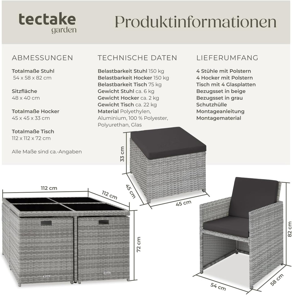tectake® Juego de muebles de salón, 4 sillas, 4 taburetes, 1 mesa, almacenamiento en cubo que ahorra espacio, muebles de jardín de ratán para exterior, balcón, jardín y terraza, con funda y fundas de repuesto - gris claro