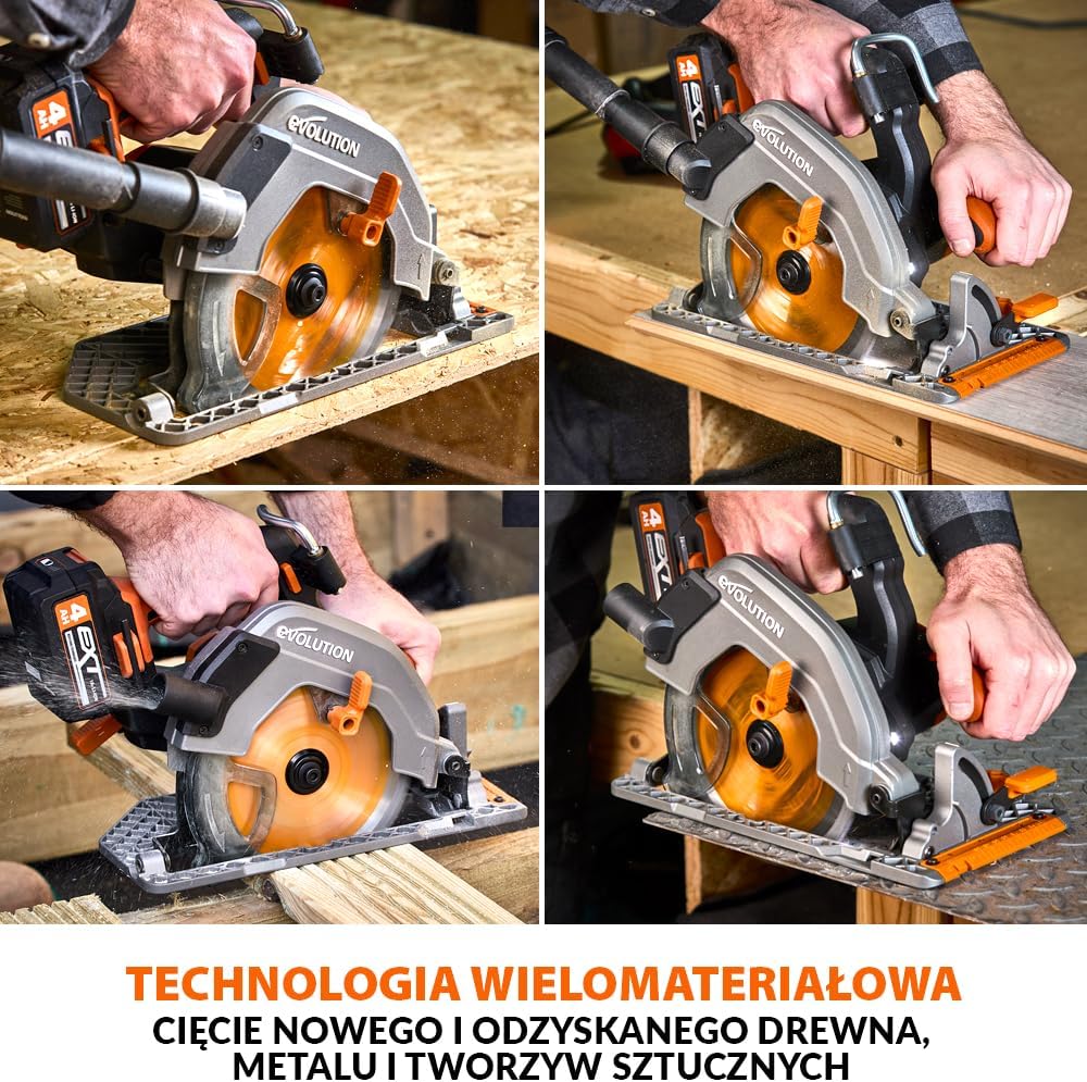 Evolution Power Tools R185CCS-Li Pilarka tarczowa akumulatorowa bezszczotkowa 18 V Li-Ion z tarczą do wielu materiałów, do cięcia drewna, metalu, plastiku, z prowadnicą, bez akumulatora, 185 mm