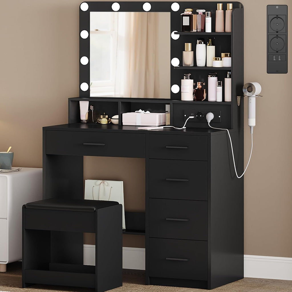Tocador Hzuaneri con 10 luces LED, taburete, mesa de maquillaje con espejo grande, tocadores con enchufe, soporte para secador de pelo y varios cajones, negro, DT39006X