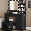 Tocador Hzuaneri con 10 luces LED, taburete, mesa de maquillaje con espejo grande, tocadores con enchufe, soporte para secador de pelo y varios cajones, negro, DT39006X