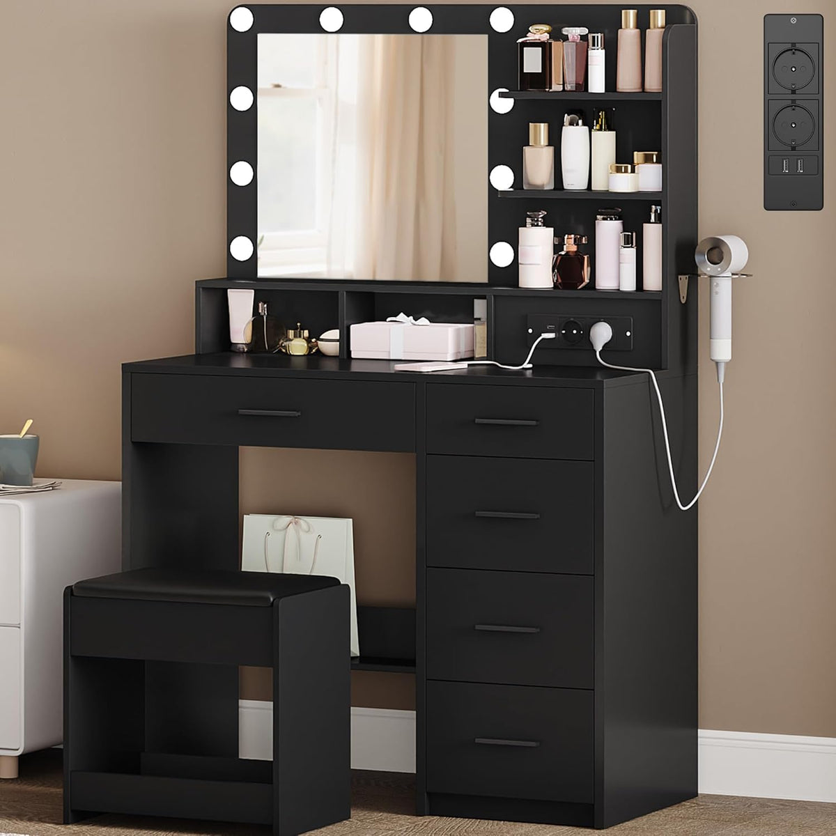 Tocador Hzuaneri con 10 luces LED, taburete, mesa de maquillaje con espejo grande, tocadores con enchufe, soporte para secador de pelo y varios cajones, negro, DT39006X