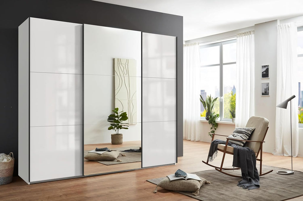 Armario de puertas correderas de 3 puertas, 250 cm ancho/216 cm alto/65 cm fondo, blanco con frente de cristal, espejo y perfiles de agarre negros, incl. cierre suave, armario con estantes, barras para ropa, cajones y compartimentos / 22033