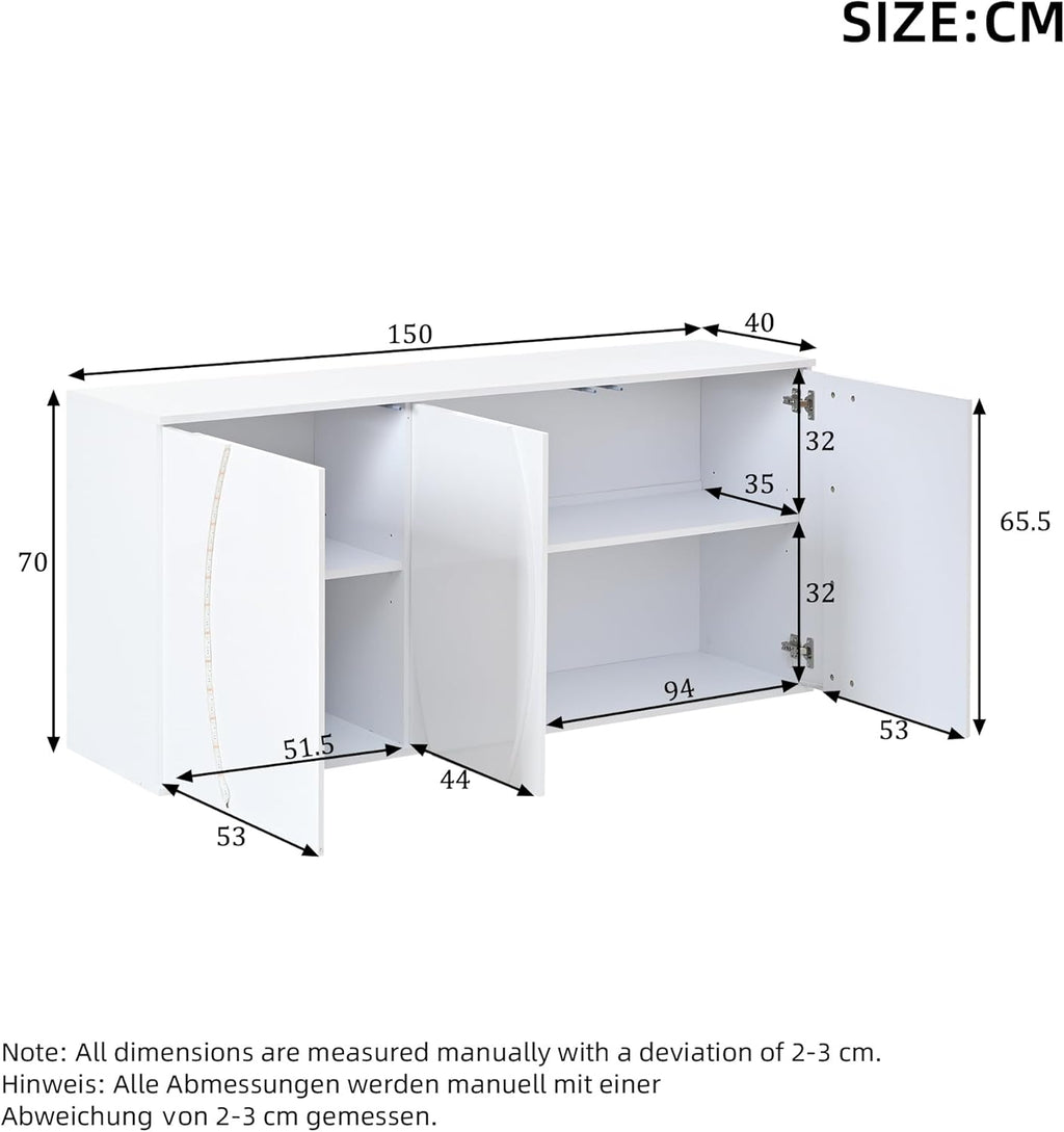 Aparador de salón de alto brillo con 3 puertas, buffet con puertas LED, mueble de salón moderno, armarios de almacenamiento para salón, comedor y pasillo, blanco