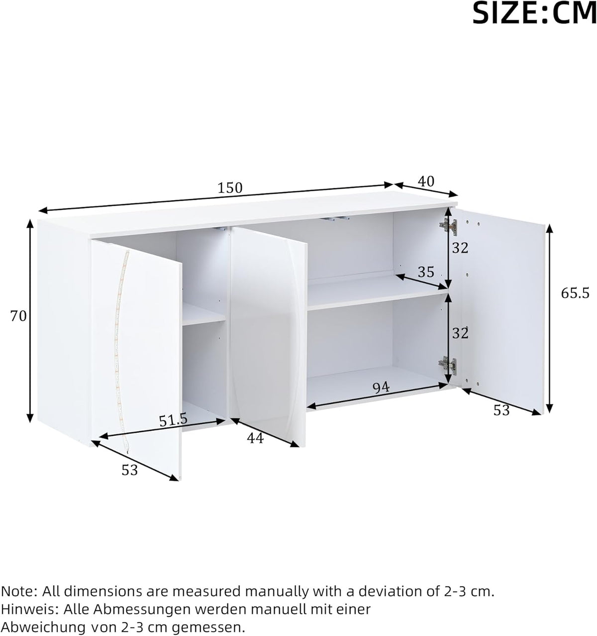 Aparador de salón de alto brillo con 3 puertas, buffet con puertas LED, mueble de salón moderno, armarios de almacenamiento para salón, comedor y pasillo, blanco